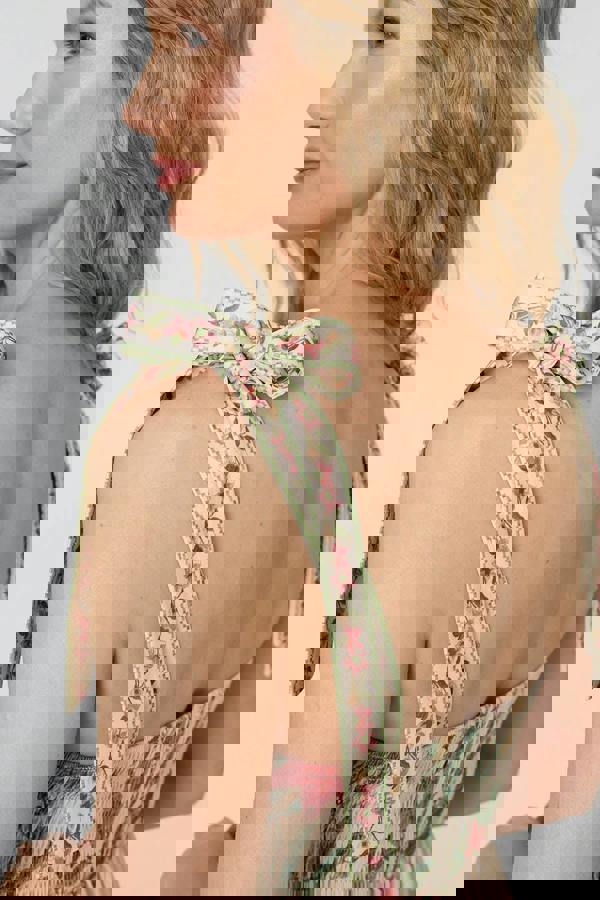 Beige | Floral Border Print Tie Strap Midi Dress
