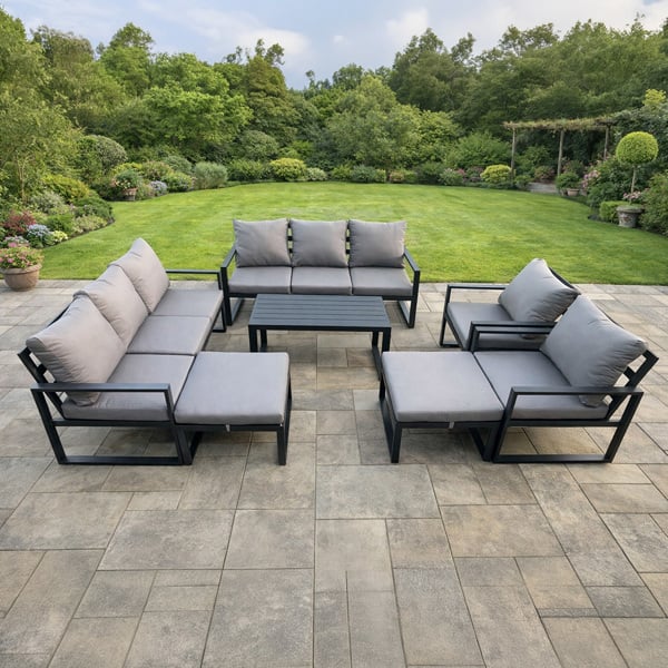 Fimous 10 Seater Aluminium Garden FurnitureSet with 2 Sofas, 2 Chairs, Coffee Table & 2 Large Footstools - Dark Grey