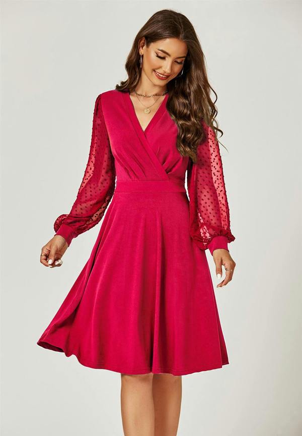 FS Collection Long Chiffon Sleeve Pleated Midi Dress In Wine