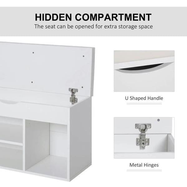 White shoe bench with U-shaped handle and metal hinges on hidden compartment
