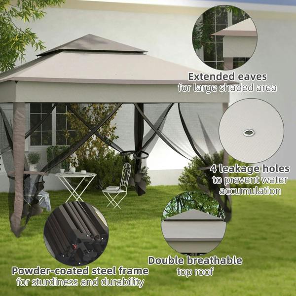 Light grey pop-up gazebo with extended eaves, mesh sides, and double-roof top