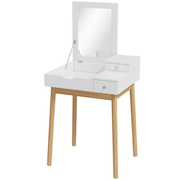 White vanity table with flip-up mirror and two drawers, supported by light pine legs