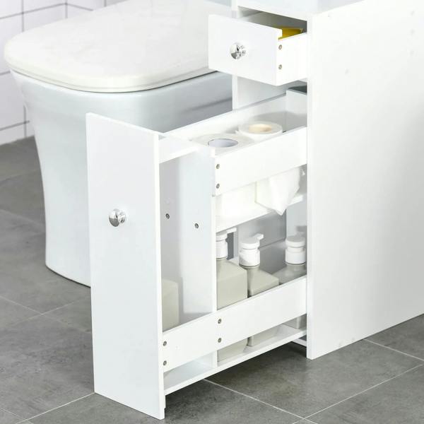 White slim bathroom floor cabinet with open shelves and side door, storage interior