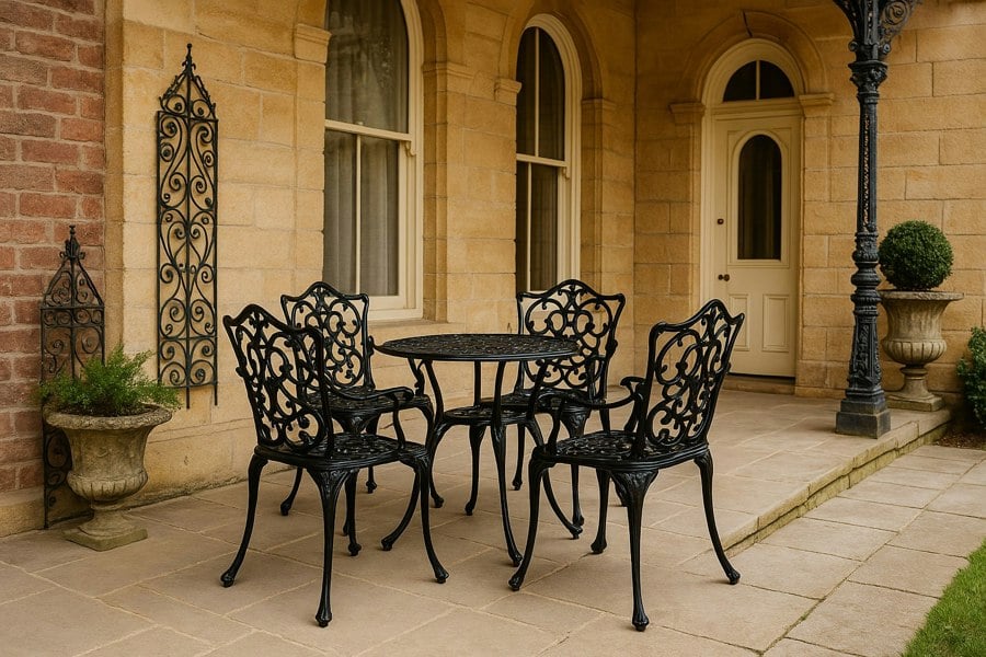 Centurion Supports TABREEZ Opulent Garden and Patio Table and 4 Large Chairs with Armrests Cast Aluminium Bistro Set - Black