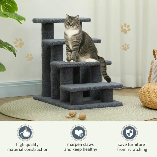 Grey 4-step pet stairs with cat on top platform, soft textured surface