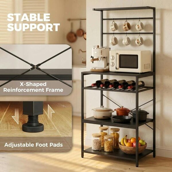 Freestanding Shelving Unit, Industrial Storage Shelf with 6 Hooks and Wine Rack for Living Room, Home Office, Black