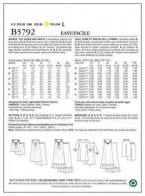 Butterick Sewing Pattern 5792, Dresses, Trousers, Pyjamas, Tops for Women, XS-S-M - Intermediate