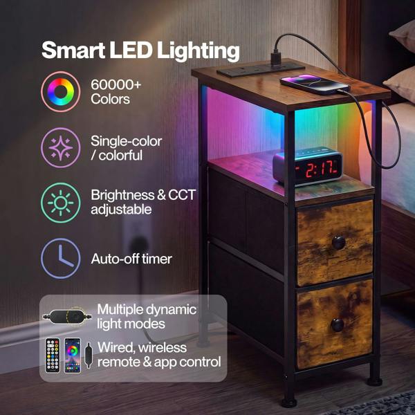 Levede Bedside Table Narrow Side Table with LED Charging Station Storage Brown