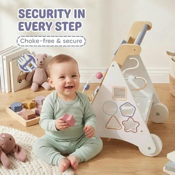 Bobobiy Wooden Baby Walker, Montessori Push Along Toy with 5 Blocks and Xylophone Mallet, Adjustable Speed for Toddlers 1.5-3Y