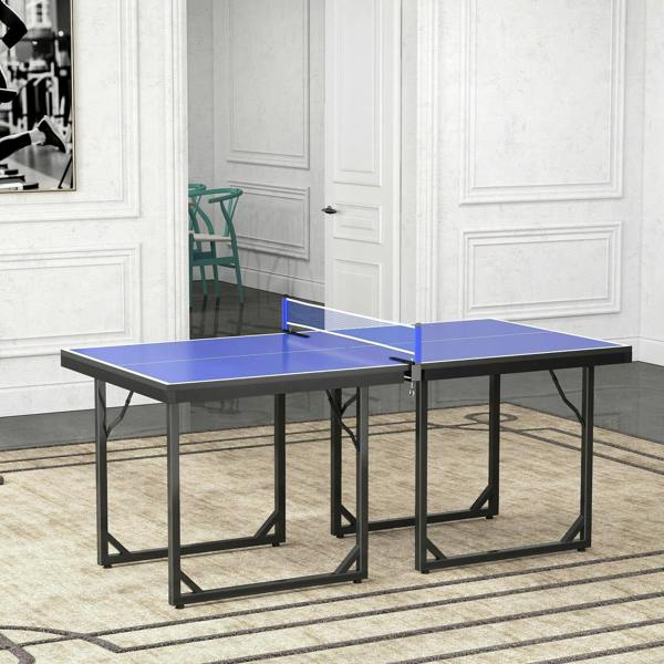 Blue table tennis table with net and black folding legs on a patterned rug