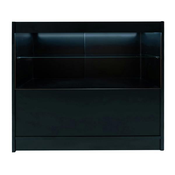 Black Phoenix LED shop counter set featuring sleek design, glass shelves, and integrated lighting for modern retail displays