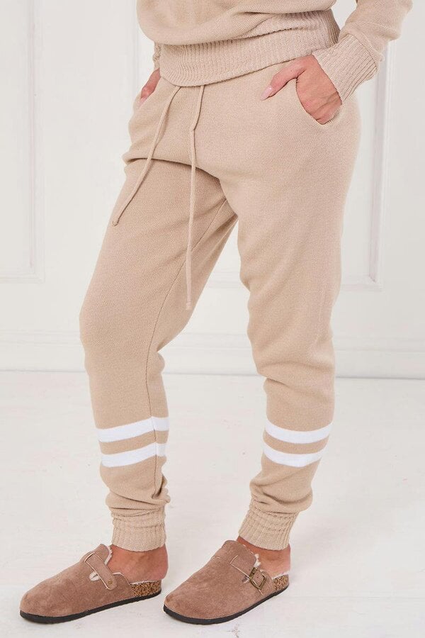 Elaina Fashion Beige Stripe Knitted Co-Ord Set – Loungewear Two Piece