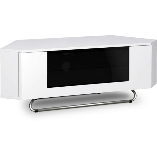 Centurion Supports Hampshire Corner-Friendly Gloss White with Black Contrast Beam-Thru Remote Friendly Door 26"-50" Flat Screen TV Cabinet