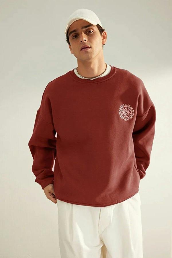 WOVCOR Floral Embroidered Cotton Men's Sweatshirt with Fleece Lining