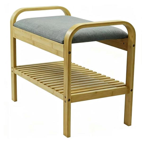 Gr8 Home Bamboo Shoe Rack Bench with Cushion Seat 2 Tier Hallway Storage Shelf