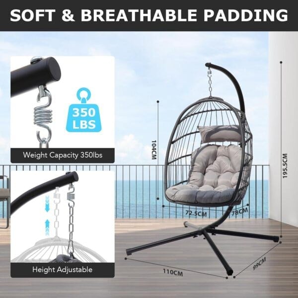 Leaper Rattan Foldable Hanging Egg Chair with Cushion Stand