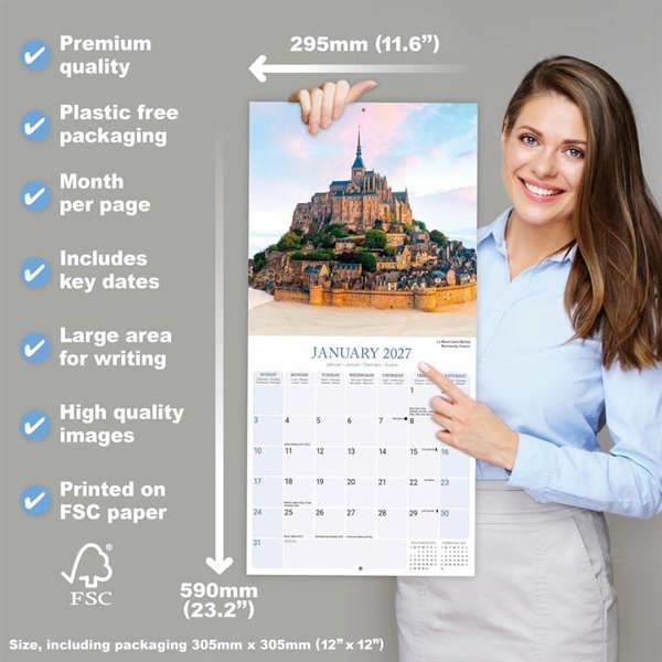 Europe Castles Calendar 2027, Wall Calendars, Month To View, Travel, Gift