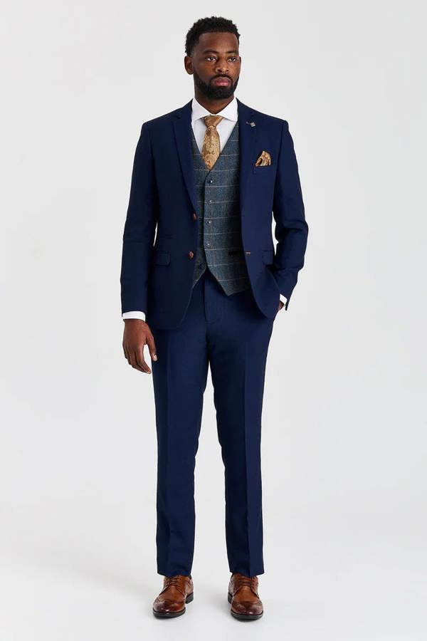 Paul Andrew Mayfair Navy Textured Suit with Harris Navy Tweed Waistcoat