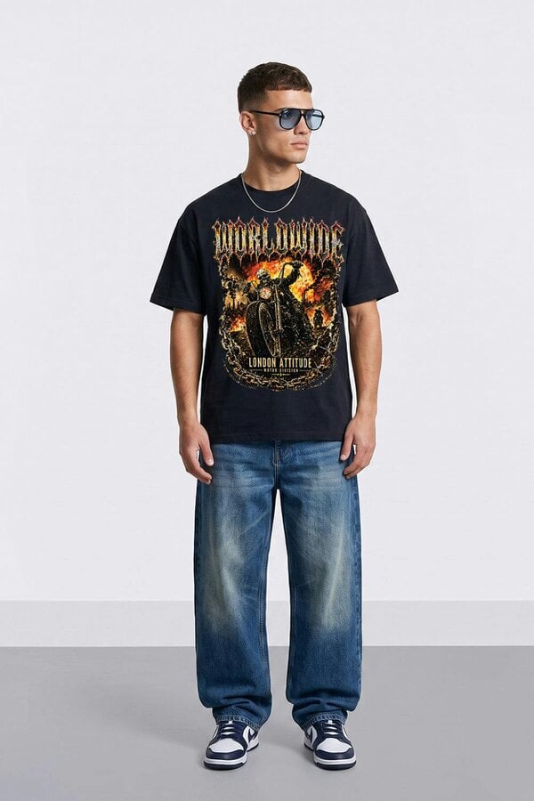 London Attitude Worldwide Skull Biker Oversized Heavyweight Graphic T-Shirt