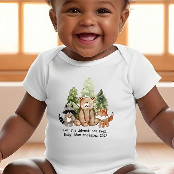 Personalised Woodland Animals  Baby Grow, Vest or Bib with Name
