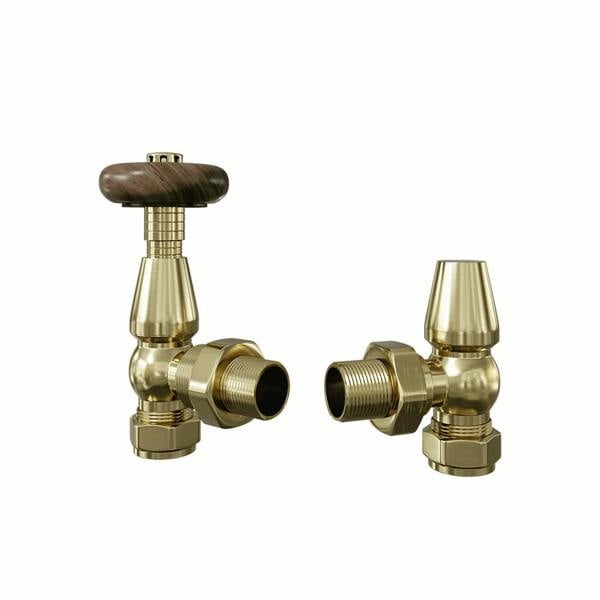 Flode Traditional Style Angled Wood Effect Head TRV & Lockshield | 15mm x 1/2" | Brushed Brass