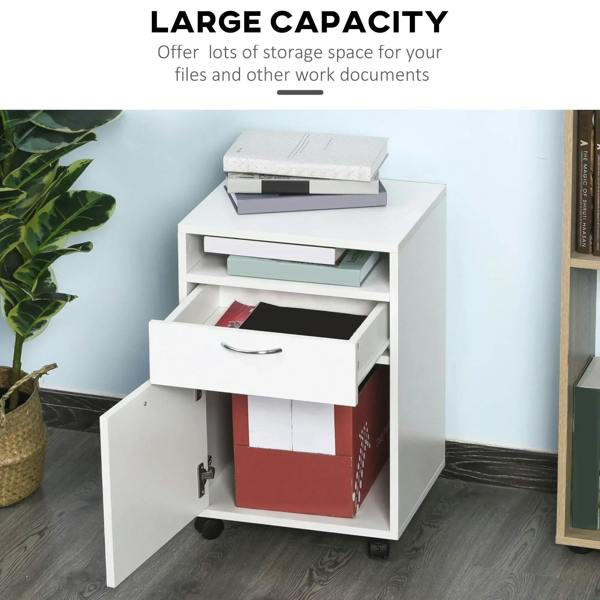White mobile filing cabinet with open door, pull-out drawer, open shelf, metal handle, wheels