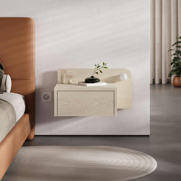 Decortie Floating Bedside Table with Drawer, LED Light in 3-Tones 33.5cm Wall-mount Bedroom Storage Unit