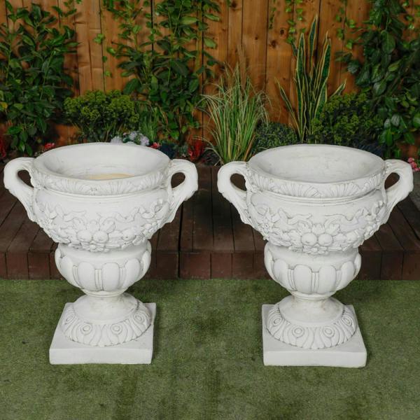 Pair of Large Fruit design White Stone Vases 