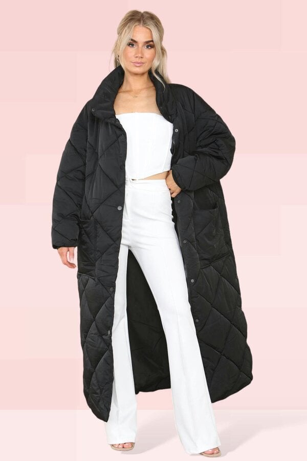 Elaina Fashion Women's Black Longline Maxi Quilted Padded Coat - Comfort Winter Warm Puffer Full Zip Down Oversized Long Sleeve Jacket Outwear