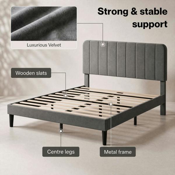 Levede Bed Frame Velvet Upholstered Platform Adjustable Headboard Double King
