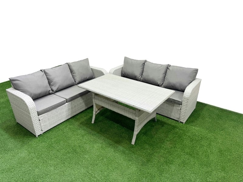 Fimous Outdoor Garden Furniture Sets 6 Seater Wicker Rattan Furniture Sofa Sets with Rectangular Dining Table high Back Lounge Sofa Light Grey