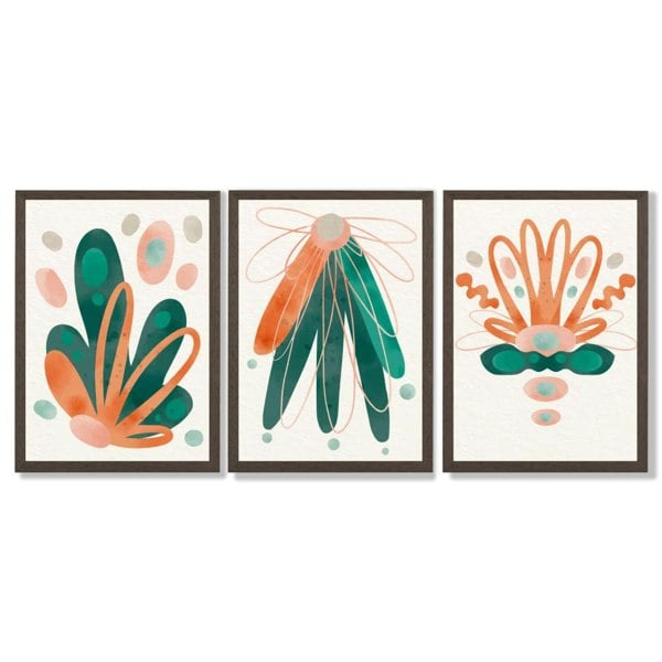 Abstract Green Orange Floral Set of 3 Framed Art Prints with Dark Wood Frames