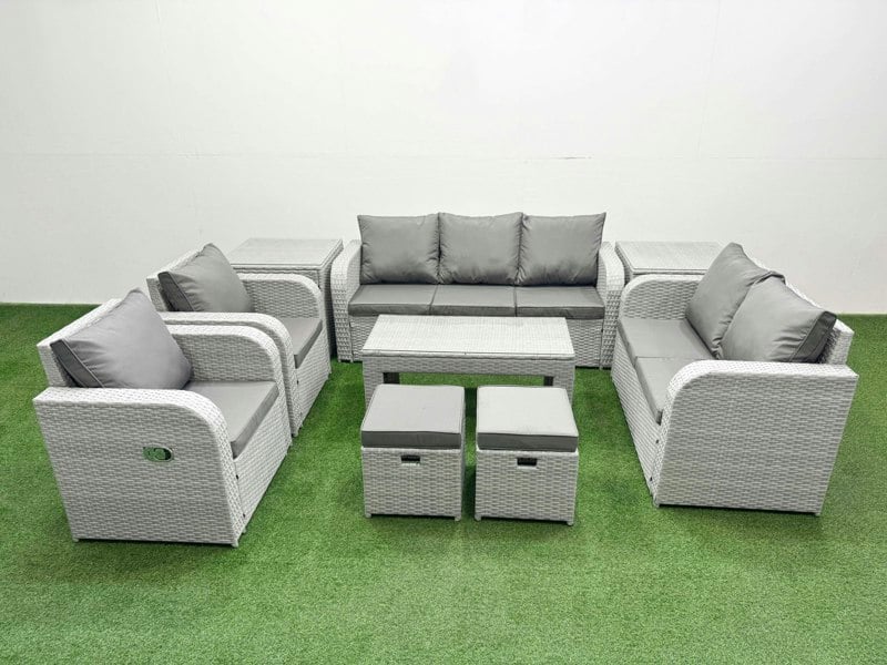 Fimous Light Grey PE Rattan Outdoor Lounge Set - Adjustable Chair, Double Loveseat, Rectangular Coffee Table, 2 Stools & 2 Side Tables