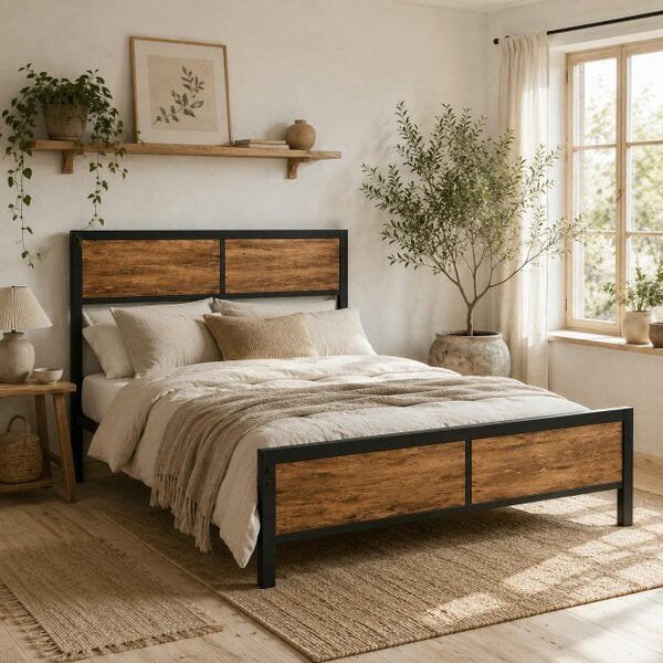 Wyld Haus Sohala 4FT6 Industrial Metal Frame Double Bed with Headboard and Footboard