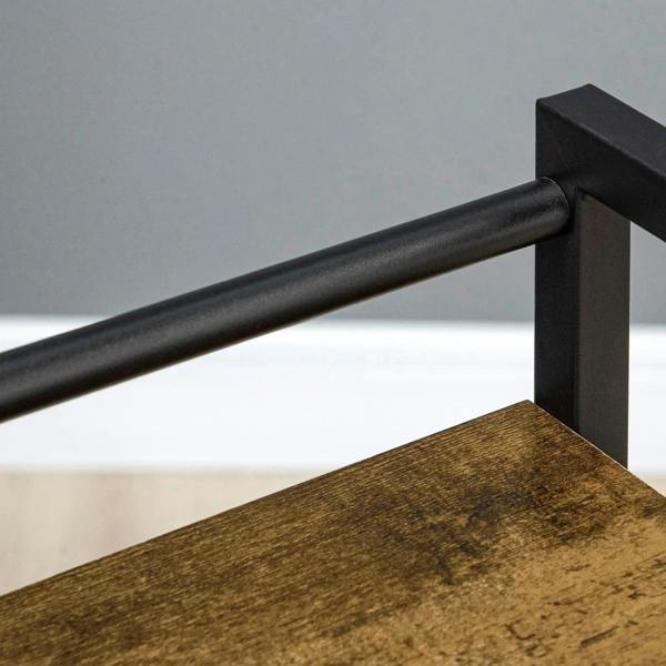Black metal handle and rustic brown top shelf of a rolling printer stand cart