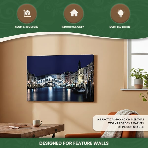 Rialto Bridge Scene Print LED Canvas, Venice Artwork With 8 LED Lights, 60 x 40 cm, Stretched Wooden Frame, Battery Powered
