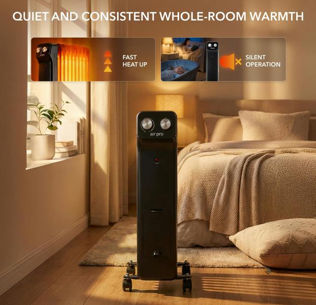 AIR PRO Oil-Filled Electric Radiator 2500W, Adjustable Thermostat, 3 Settings