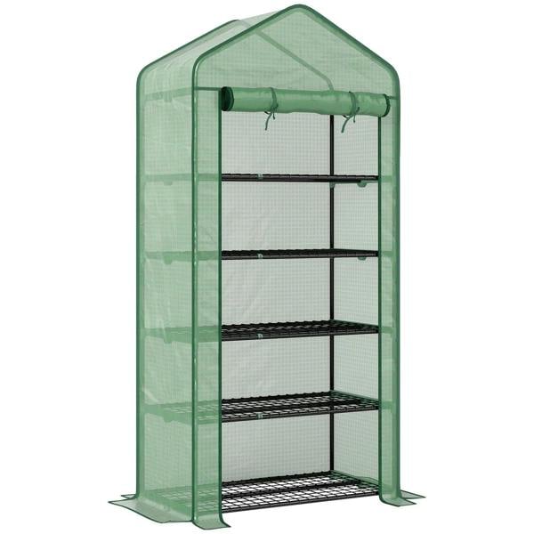 Green 5-tier mini greenhouse with reinforced PE cover and metal wire shelves.