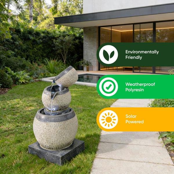 Gardenwize Solar Water Feature – 3 Tier Cascading Bowl Fountain with LED Lights & Battery Backup