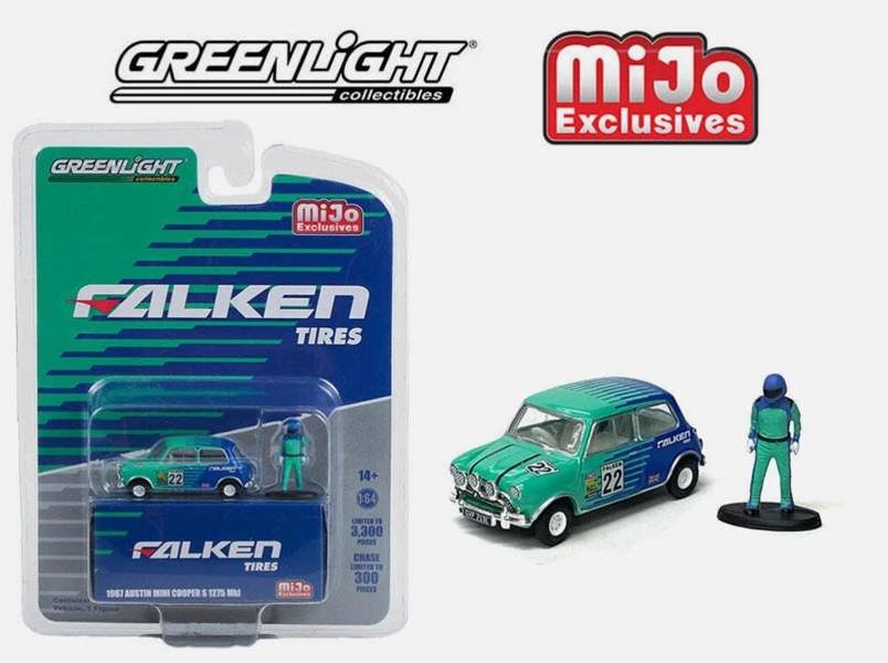 MCSlots 1967 Morris Cooper S Falken Tyres Livery and Figure 1:64 Scale Greenlight 51454