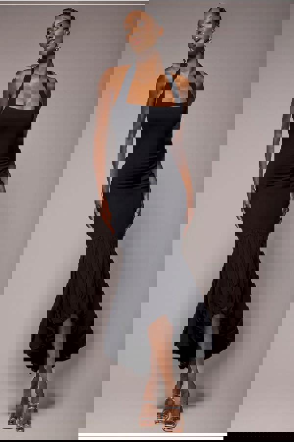 Halter Neck Puff Hem Mermaid Midaxi Dress - Black DR4747