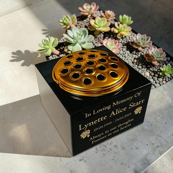 Memorials Direct Granite Memorial Vase with Rose Design, Free Personalised Gold Engraving, Solid Granite 6 x 6 x 4 Inches