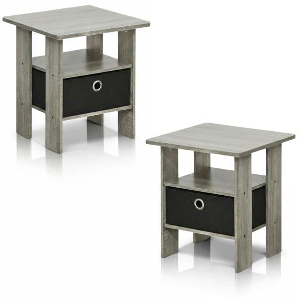 WALPLUS Andrey End Table Nightstand with Bin Drawer, French Oak Grey/Black, Set of | Stylish Table for Home Use with Practical and Modern Design | 2