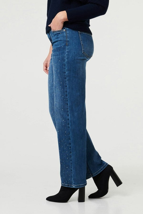 Blue | Diamante Embellished Straight Fit Jeans
