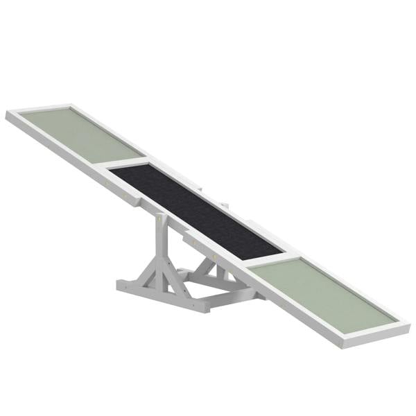 White wooden dog agility seesaw with green decks and black anti-slip ramp in angled view