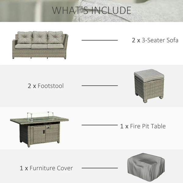 Grey sofa set includes L-shape seating, two footstools, fire pit table, and cover