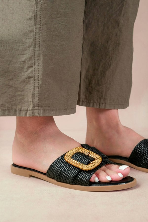 Where's That From Noon Slip on Flats With Raffia Detailing in Black Faux Leather