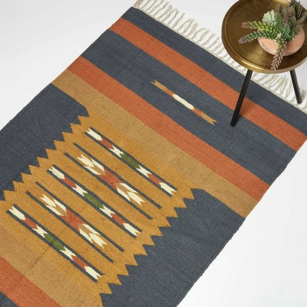 HOMESCAPES Lundi Orange & Blue Kilim Cotton & Jute Rug