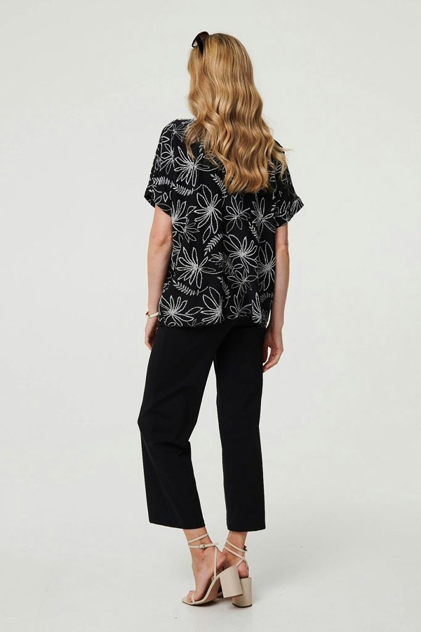 Black | Floral Relaxed Short Sleeve Top
