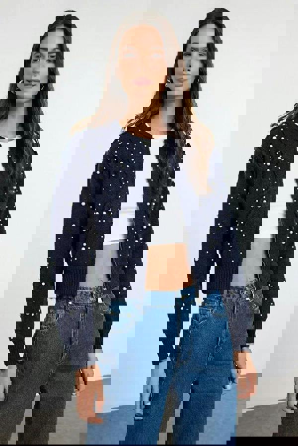 WOVCOR Soft Textured Zippered Knit Cardigan with Stone Details